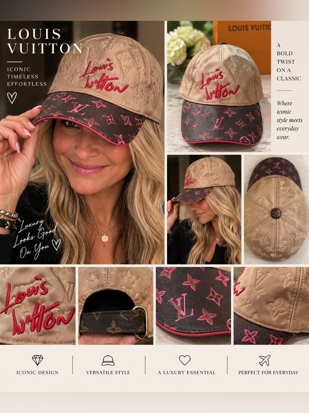 Source Unknown Beige and Pink Monogram Baseball Cap - Women's Hat